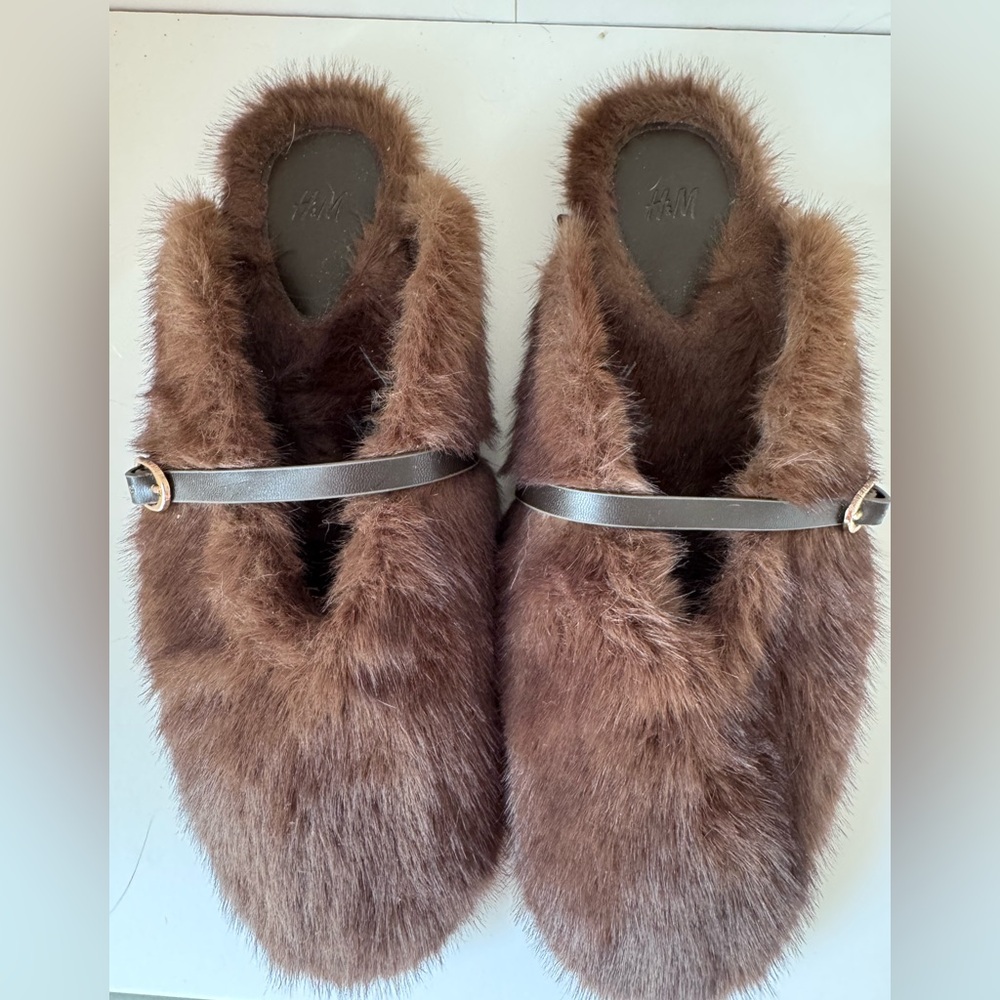 H&M Chocolate Brown Faux-Fur Mary Jane Mules with Strap